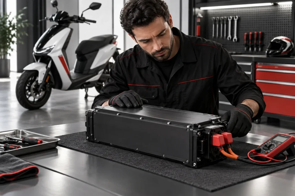 Illustration éditoriale : Batterie de moto électrique : durée de vie, garantie et prix de remplacement